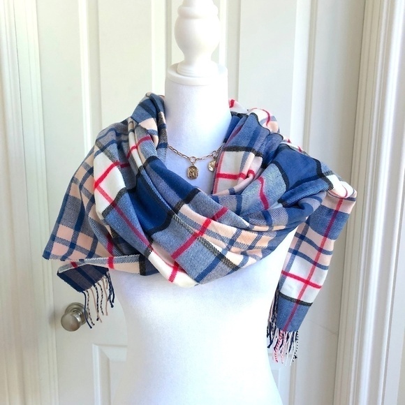 Lord & Taylor Plaid Scarf Red White & Blue Fringe - Picture 4 of 8